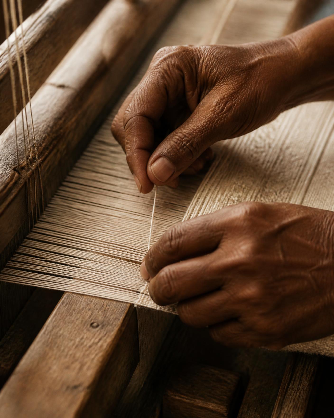 A weaver's hands drawing fine thread across a wooden handloom