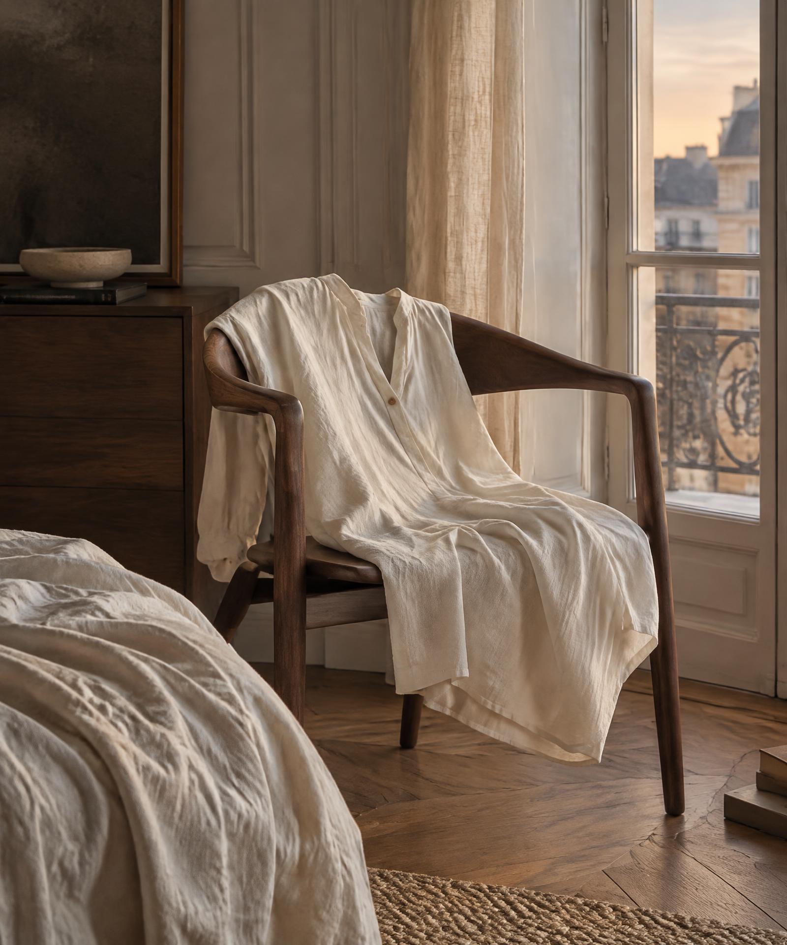 Ivory nightwear resting on a walnut chair beside a softly lit window